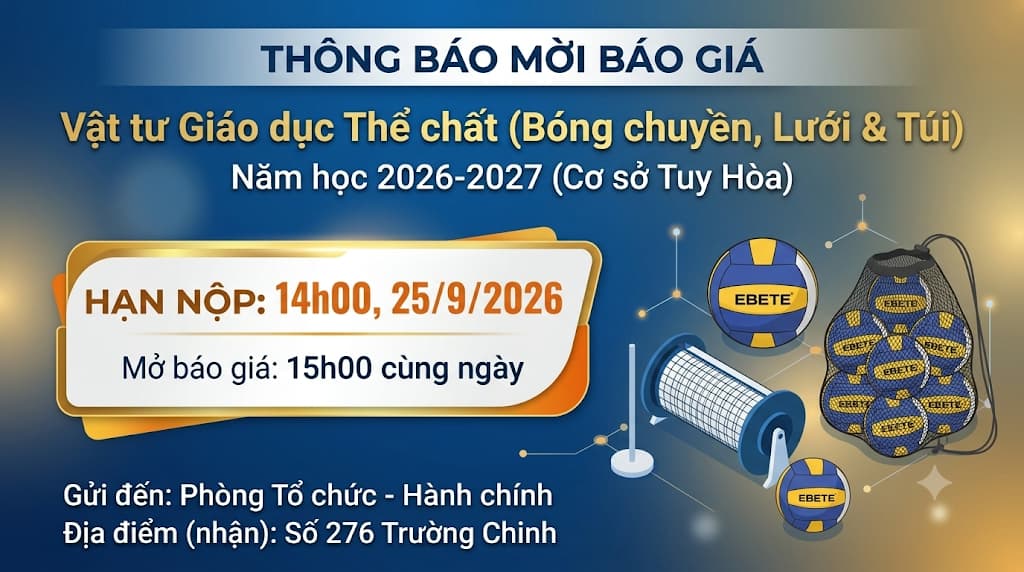 Mời báo giá cung cấp dụng cụ giảng dạy môn Giáo dục thể chất (Cơ sở Tuy Hòa)